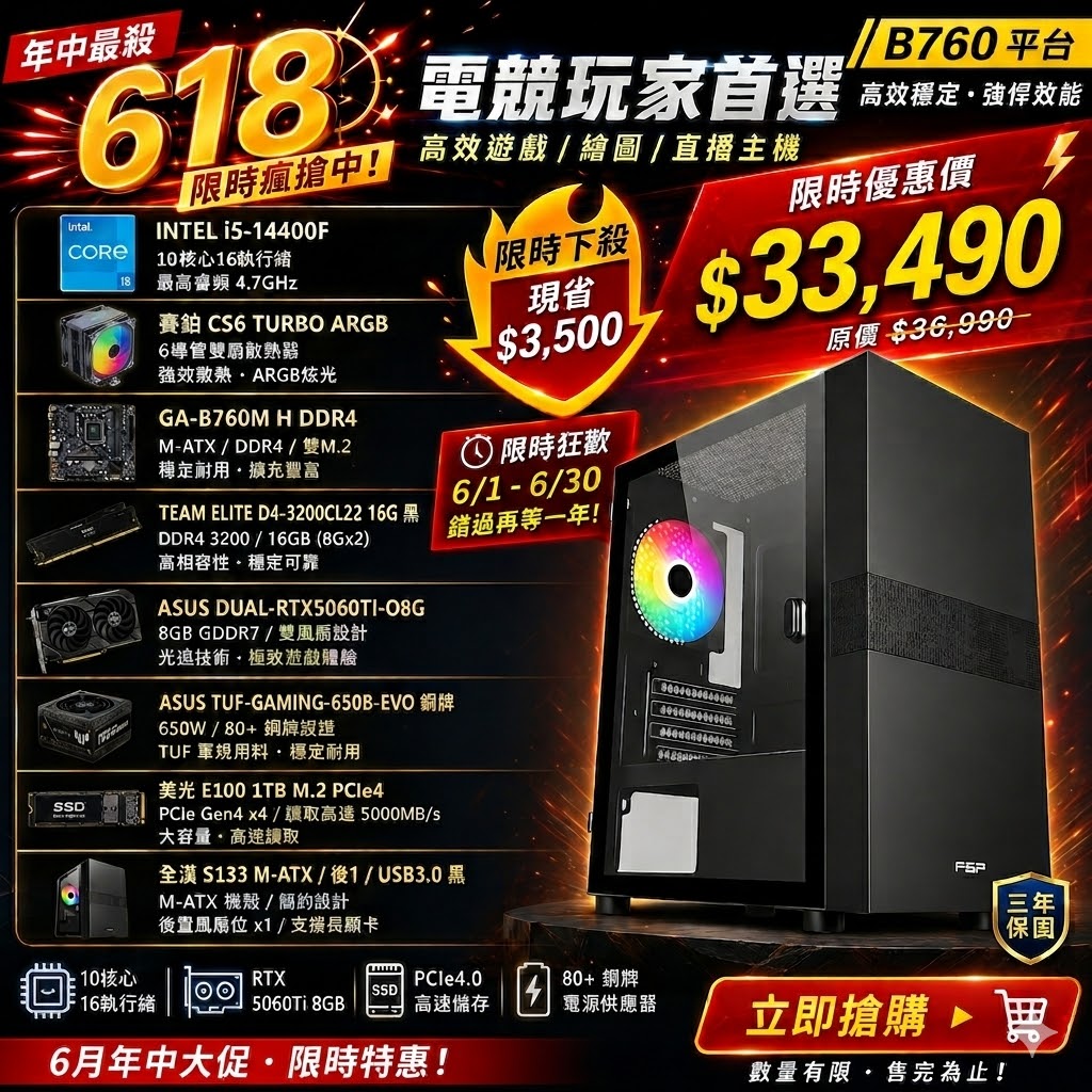 【618限時優惠】i5-14400F RTX 5060 Ti 8GB 電競主機|16GB RAM+1TB SSD 高效遊戲電腦