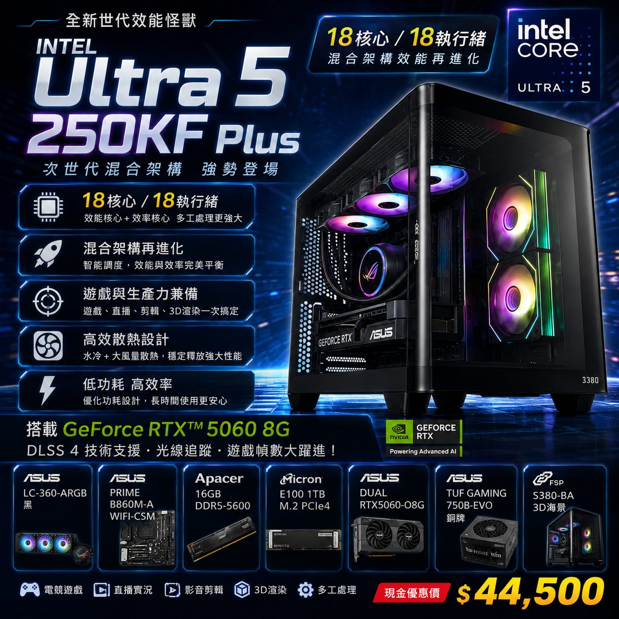 【AI主機Ultra 5搭配獨顯5060】Intel Ultra 5 250KF Plus 電腦主機|ASUS RTX 5060 8G|B860M WiFi|DDR5|1TB SSD